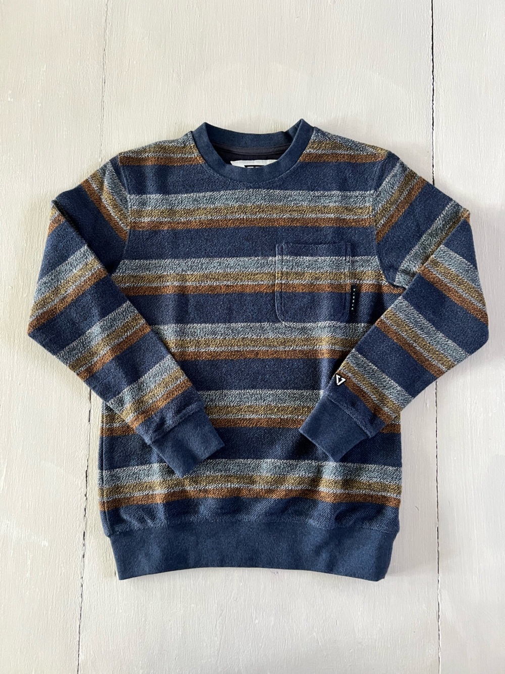 VISSLA Striped Boys Crewneck Pullover Sweater Navy Brown Gray Medium